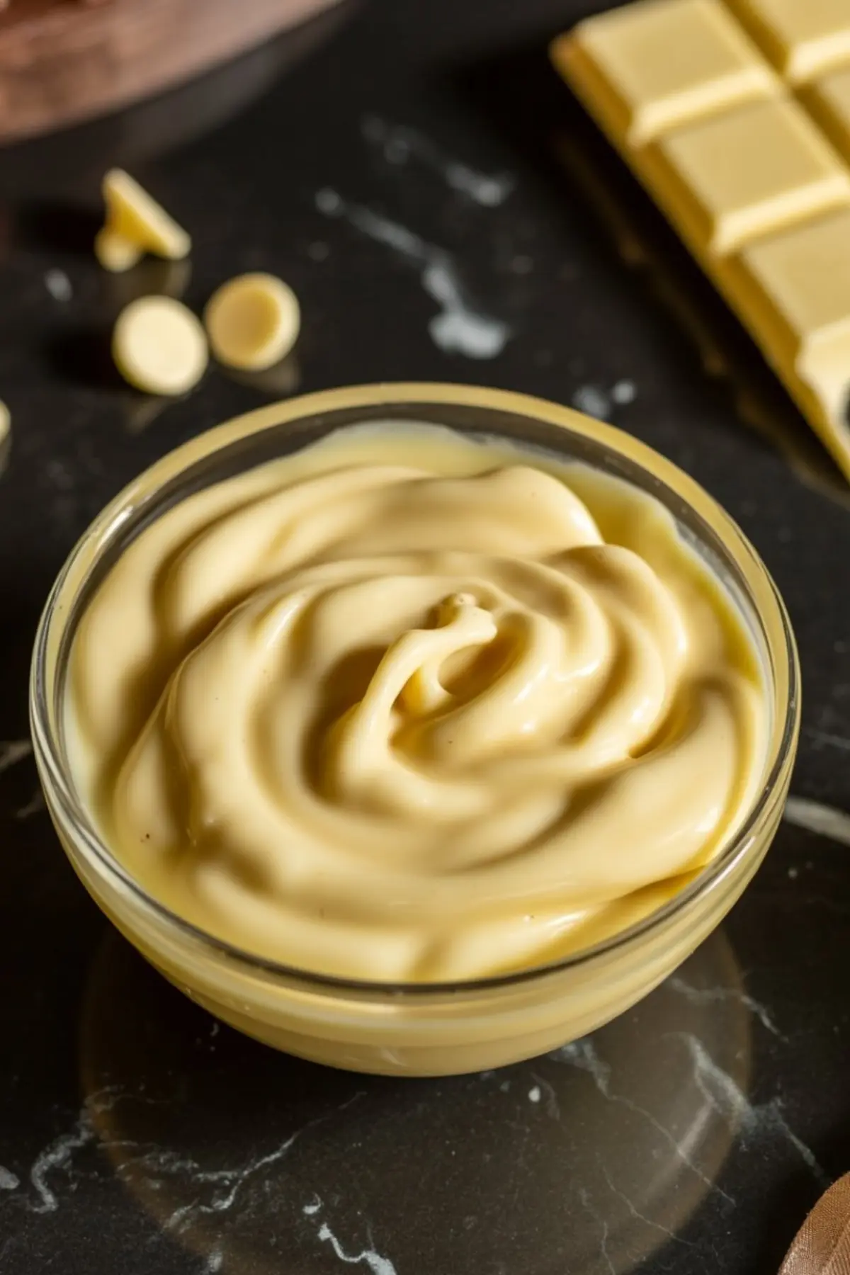Glossy bowl of melted white chocolate ganache surrounded by white chocolate chips and a bar of white chocolate on a dark marble surface.