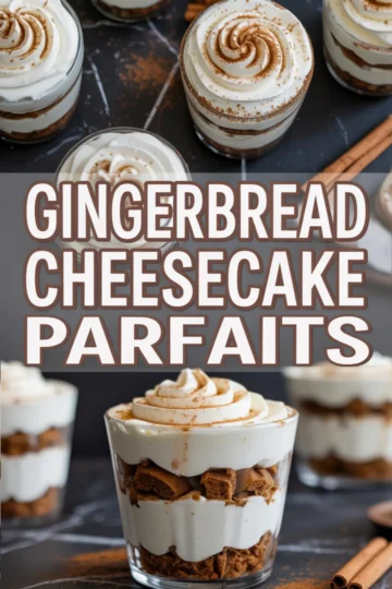 Vertical collage showing layers of gingerbread cheesecake parfaits with piped cream and text reading “Gingerbread Cheesecake Parfaits,” styled on a dark background with scattered cinnamon sticks and crumbs.