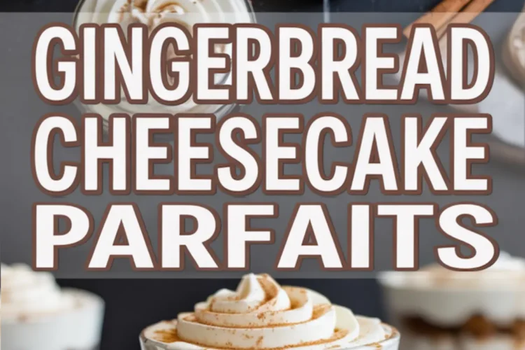 Vertical collage showing layers of gingerbread cheesecake parfaits with piped cream and text reading “Gingerbread Cheesecake Parfaits,” styled on a dark background with scattered cinnamon sticks and crumbs.