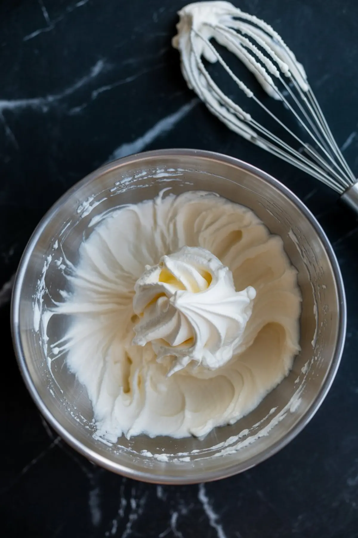 Fluffy whipped cream peaks in a metal mixing bowl with a whisk coated in cream resting beside it on a dark marble countertop.