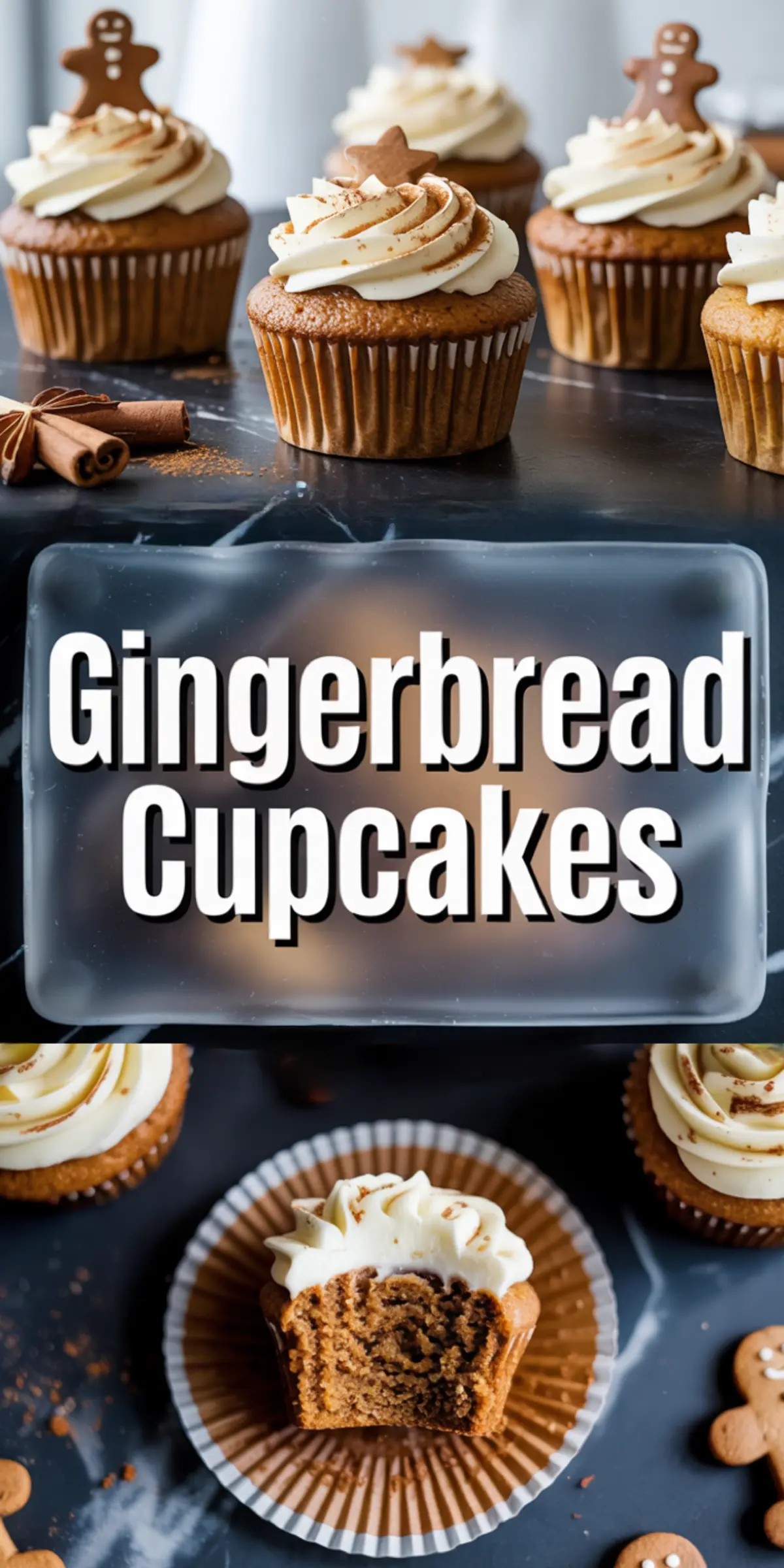 Pinterest-style vertical collage with gingerbread cupcakes topped with cinnamon-dusted frosting and festive cookie toppers, center panel reading “Gingerbread Cupcakes,” and a close-up of a cupcake with a soft interior and creamy swirl on top.