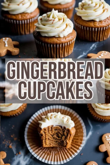 Collage showing frosted gingerbread cupcakes with creamy swirls, gingerbread men decorations, and a close-up of a bitten cupcake revealing a moist spiced interior, with bold “Gingerbread Cupcakes” text overlay in the center.