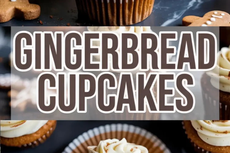 Collage showing frosted gingerbread cupcakes with creamy swirls, gingerbread men decorations, and a close-up of a bitten cupcake revealing a moist spiced interior, with bold “Gingerbread Cupcakes” text overlay in the center.