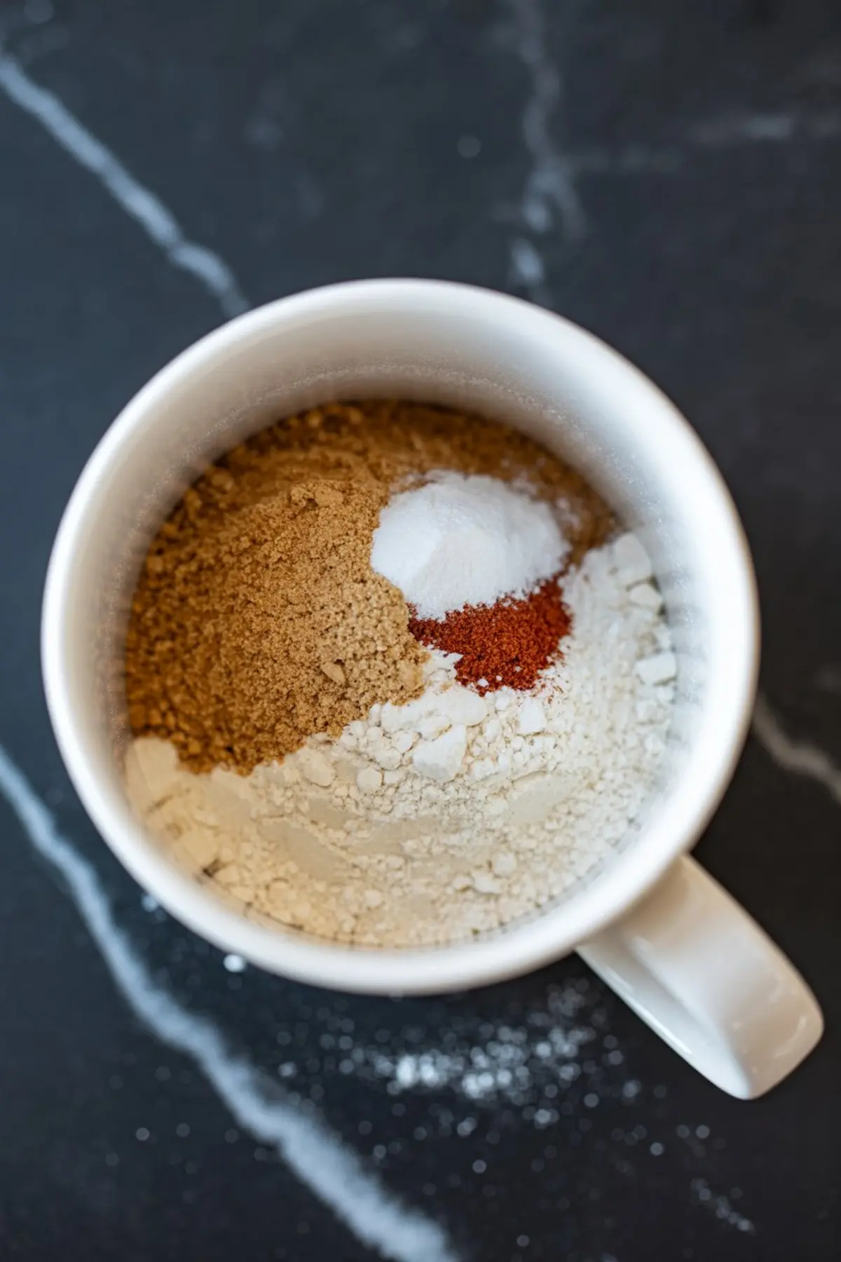 Overhead view of dry gingerbread mug cake ingredients in a white mug, featuring flour, brown sugar, baking powder, and ground cinnamon on a dark marble countertop.