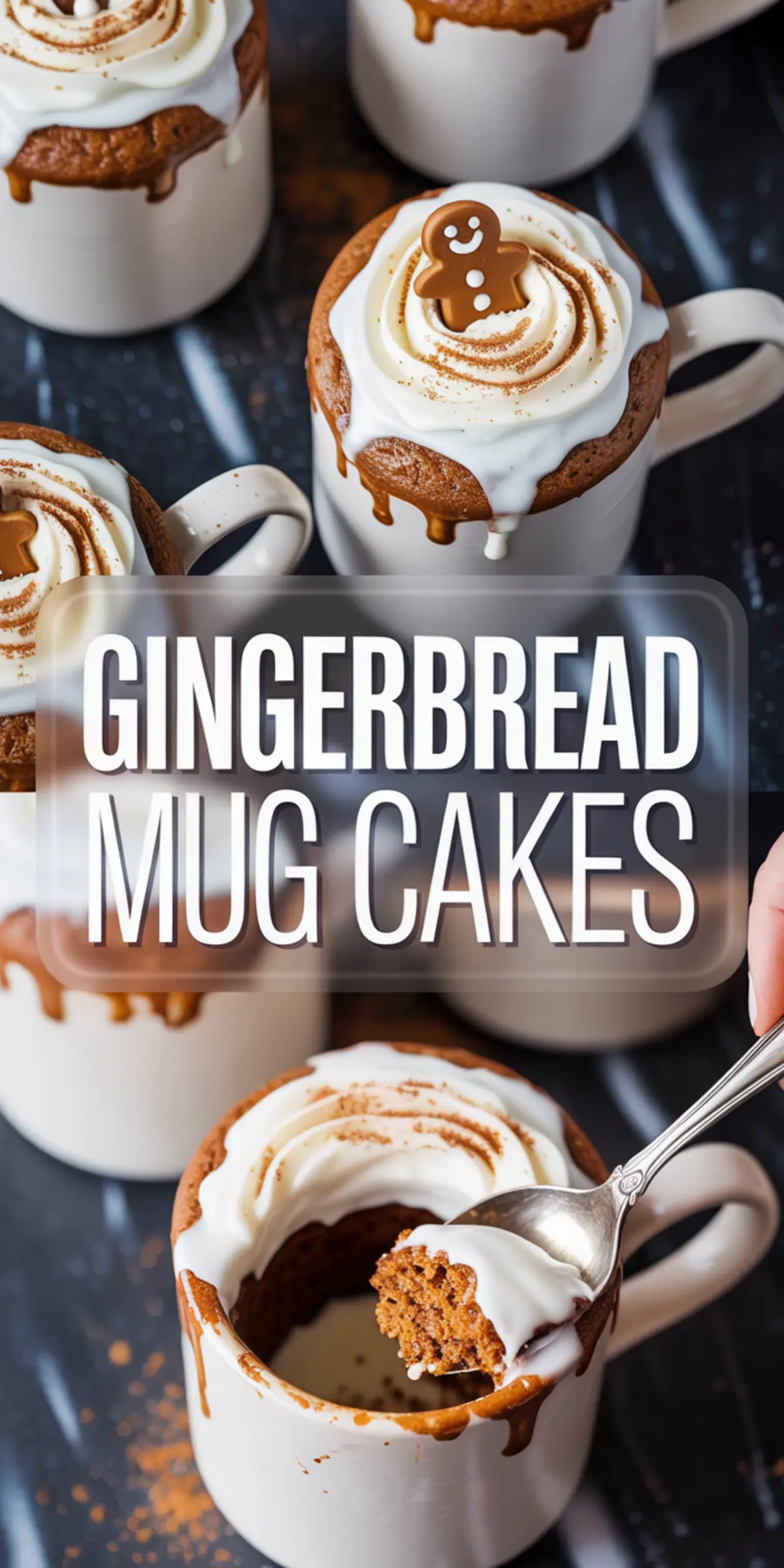 Vertical collage featuring frosted gingerbread mug cakes topped with whipped cream and mini gingerbread cookies, one mug with a spoonful of moist cake. Bold “Gingerbread Mug Cakes” text overlays the center.