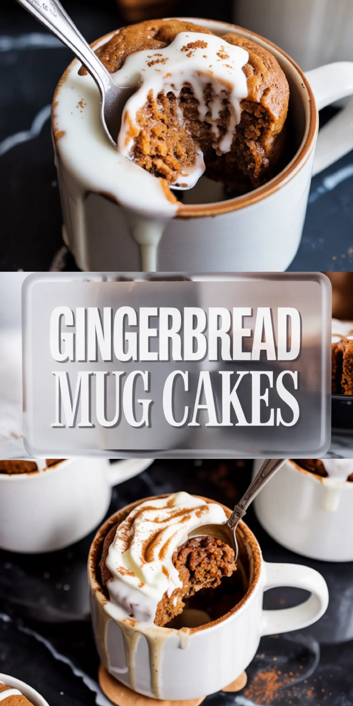 Vertical collage showing close-up shots of spiced gingerbread mug cakes with white icing drizzle, fluffy interior texture, and “Gingerbread Mug Cakes” text at the center of the image.