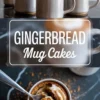 Alt Text: Vertical collage of gingerbread mug cakes topped with swirled whipped cream and cinnamon, with “Gingerbread Mug Cakes” text overlay and a spoon scooping warm cake from a ceramic mug.