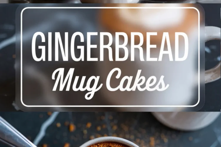 Alt Text: Vertical collage of gingerbread mug cakes topped with swirled whipped cream and cinnamon, with “Gingerbread Mug Cakes” text overlay and a spoon scooping warm cake from a ceramic mug.