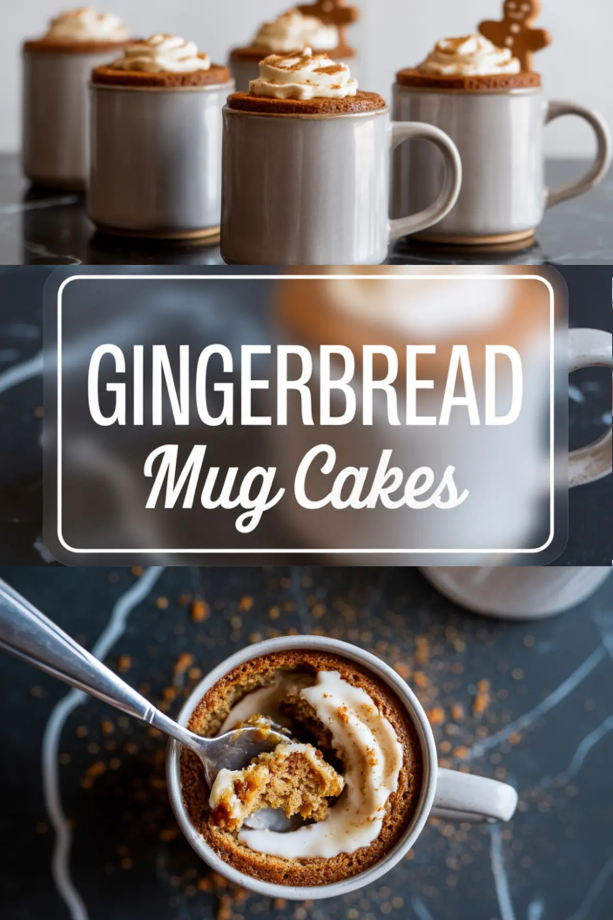 Alt Text: Vertical collage of gingerbread mug cakes topped with swirled whipped cream and cinnamon, with “Gingerbread Mug Cakes” text overlay and a spoon scooping warm cake from a ceramic mug.