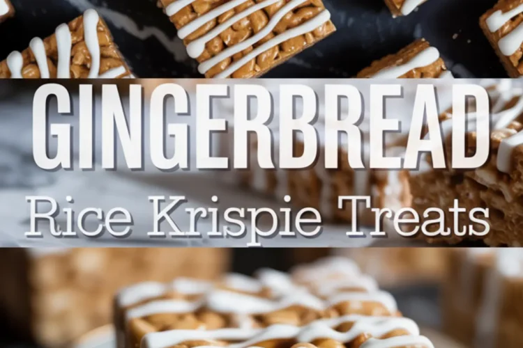 Top and bottom collage of gingerbread Rice Krispie treats cut into squares and drizzled with white icing, with the text “Gingerbread Rice Krispie Treats” across the center.