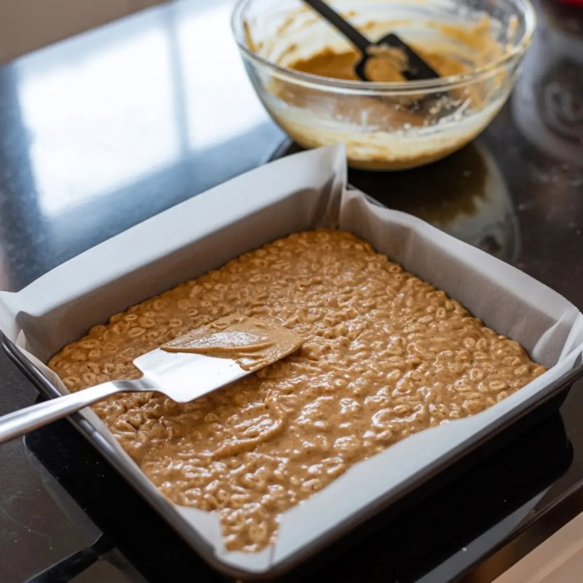 A baking pan lined with parchment paper filled with gingerbread Rice Krispie mixture being smoothed with a spatula on a kitchen counter, with a mixing bowl and spatula in the background.