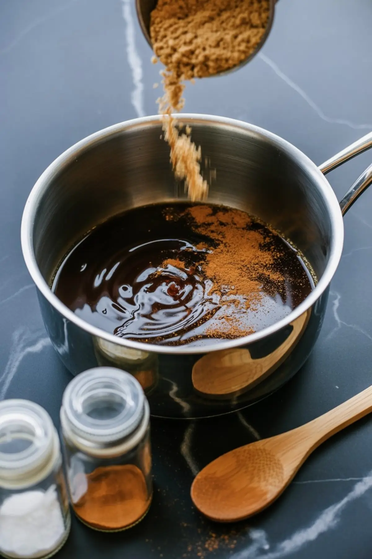 Brown sugar being poured into a saucepan of dark syrup, surrounded by jars of spices and a wooden spoon on a black marble surface.