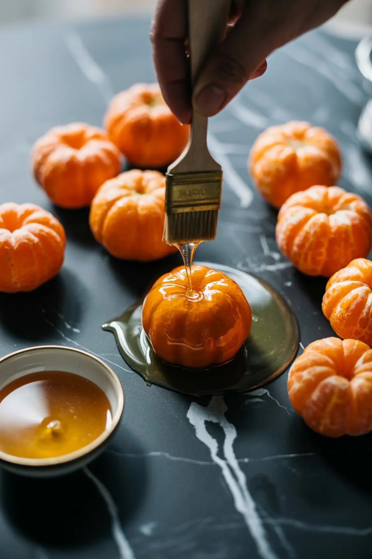 Close-up of a hand brushing peeled clementine with honey, creating a shiny glaze as part of a Halloween-themed fruit snack setup.
