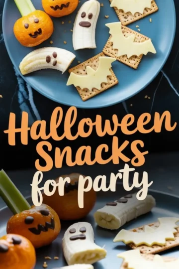 Assorted Halloween party snacks on a blue plate including ghost bananas with candy eyes, clementine pumpkins with celery stalks, and cheddar bat shapes on crackers, displayed with festive lettering.