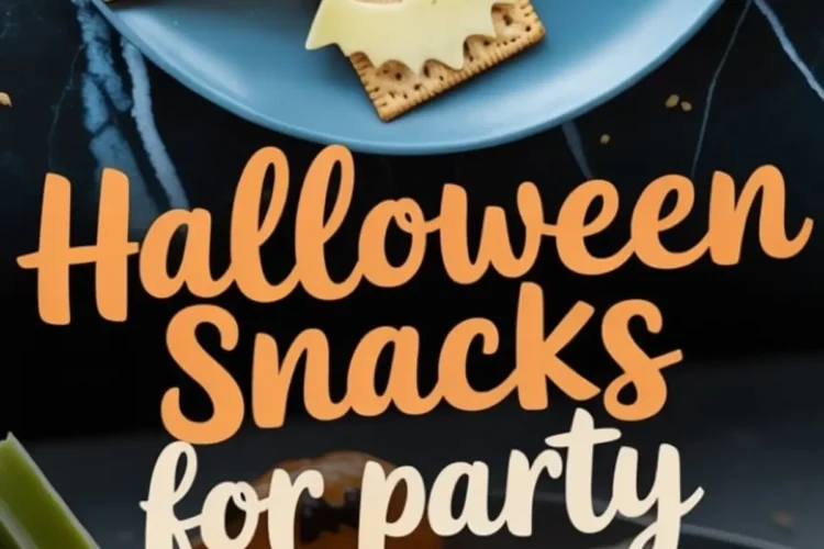 Assorted Halloween party snacks on a blue plate including ghost bananas with candy eyes, clementine pumpkins with celery stalks, and cheddar bat shapes on crackers, displayed with festive lettering.