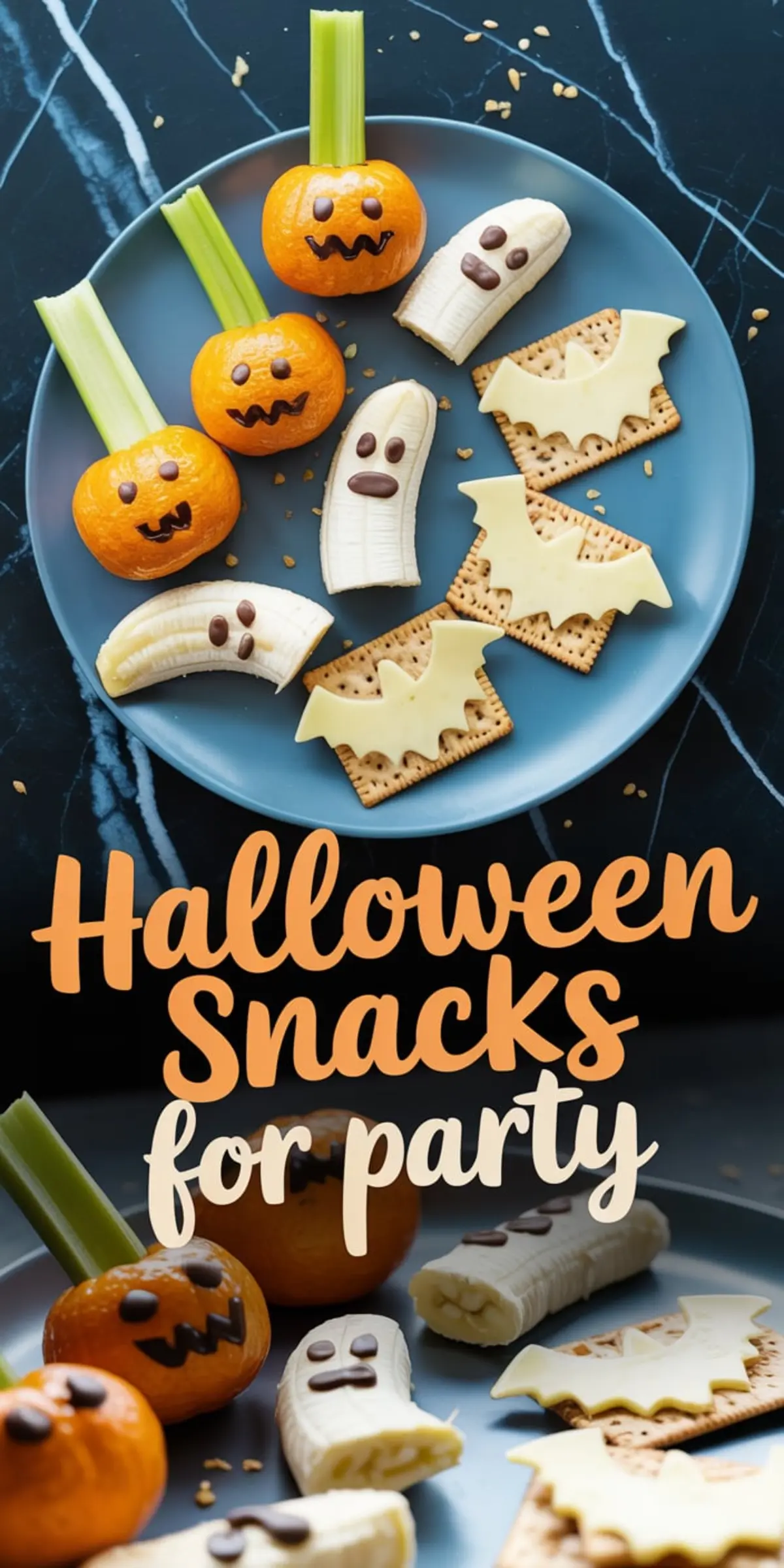 Assorted Halloween party snacks on a blue plate including ghost bananas with candy eyes, clementine pumpkins with celery stalks, and cheddar bat shapes on crackers, displayed with festive lettering.

