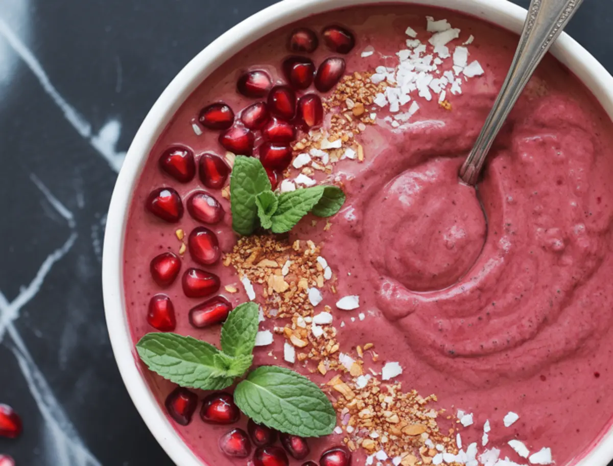 Close-up of a creamy pomegranate smoothie bowl garnished with pomegranate seeds, toasted granola, coconut flakes, and three sprigs of mint, with a spoon resting inside the bowl on a dark marble background.