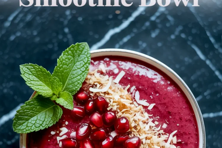 Top-down view of a vibrant pomegranate smoothie bowl with shredded coconut, pomegranate arils, and toasted coconut flakes, garnished with mint and framed by a holiday-themed text overlay on a marble surface.