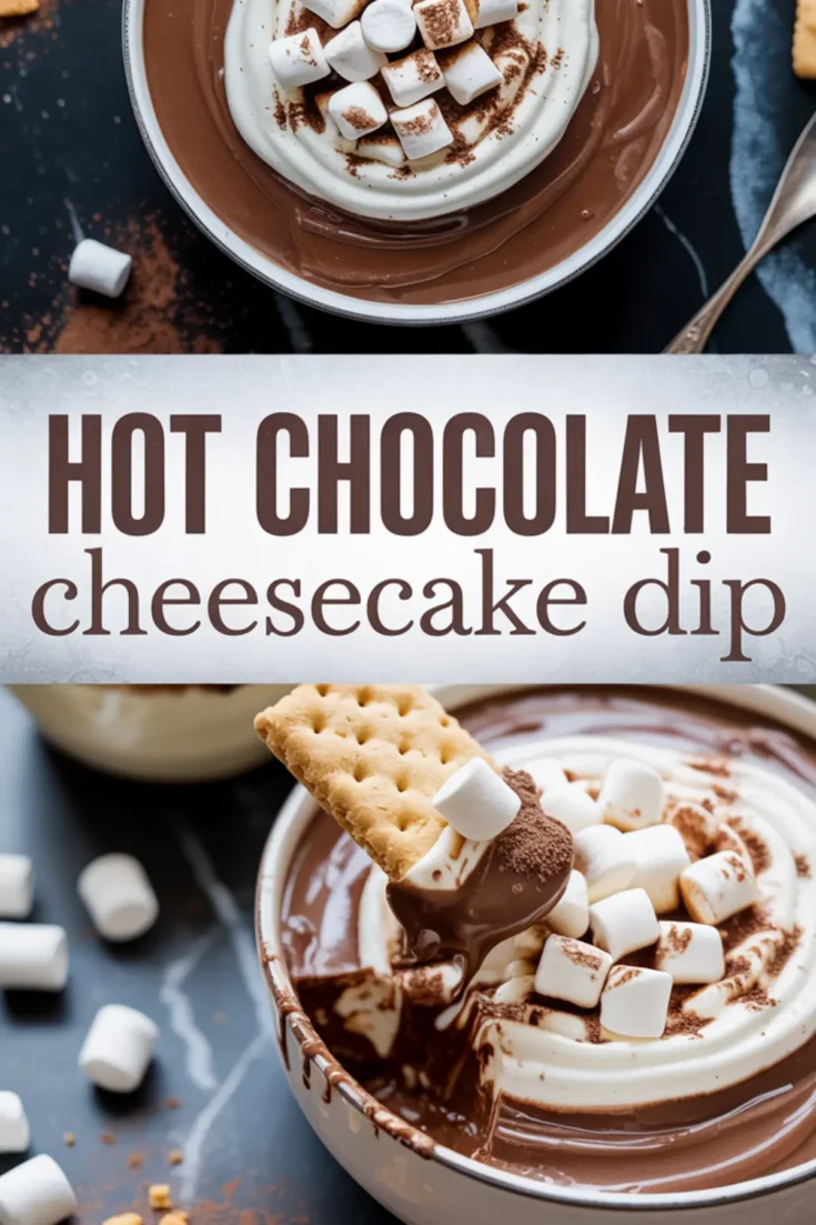 Top and bottom view of hot chocolate cheesecake dip topped with whipped cream, mini marshmallows, and cocoa powder, served with graham crackers; bold text in the center reads “HOT CHOCOLATE cheesecake dip” on a frosted white background.