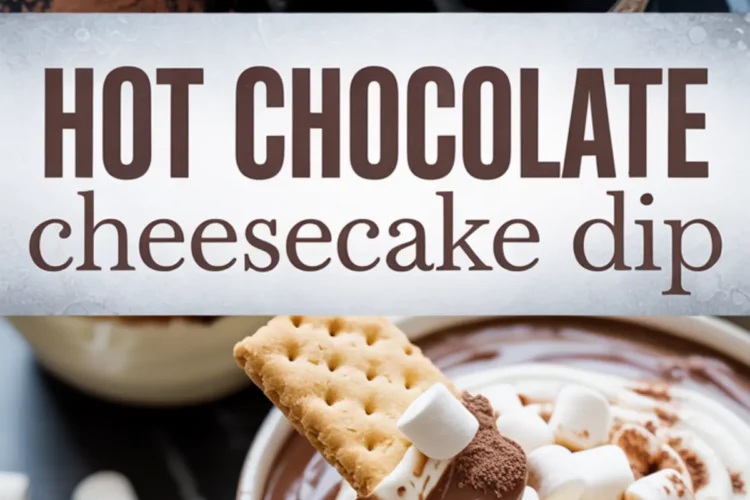 Top and bottom view of hot chocolate cheesecake dip topped with whipped cream, mini marshmallows, and cocoa powder, served with graham crackers; bold text in the center reads “HOT CHOCOLATE cheesecake dip” on a frosted white background.