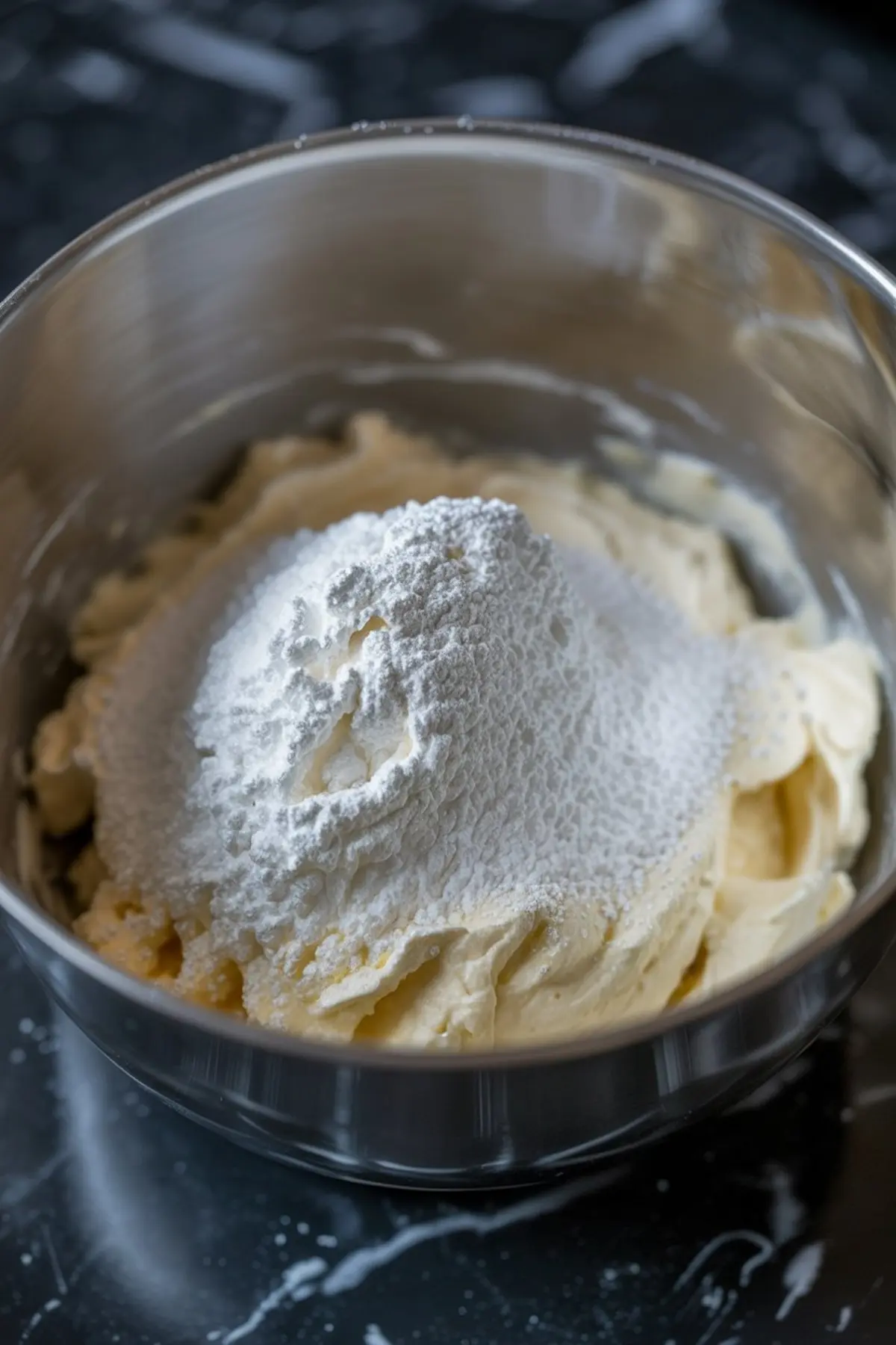 Close-up of powdered sugar piled over whipped butter in a stainless steel mixing bowl, set on a dark marble countertop.
