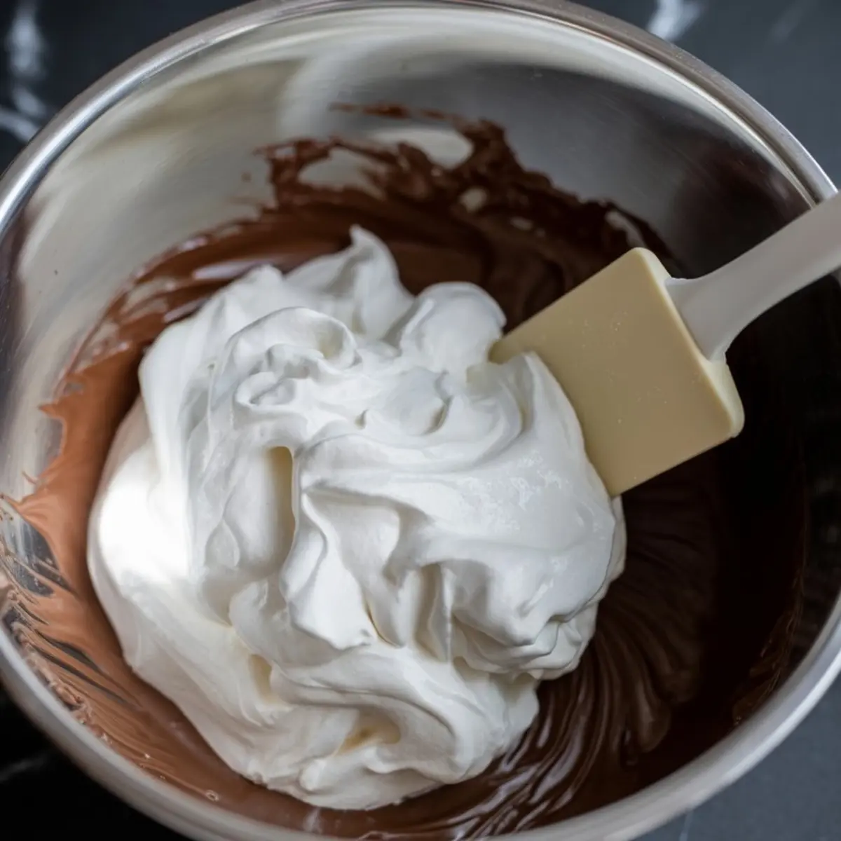 Whipped cream being folded into melted chocolate using a rubber spatula inside a stainless steel mixing bowl.
