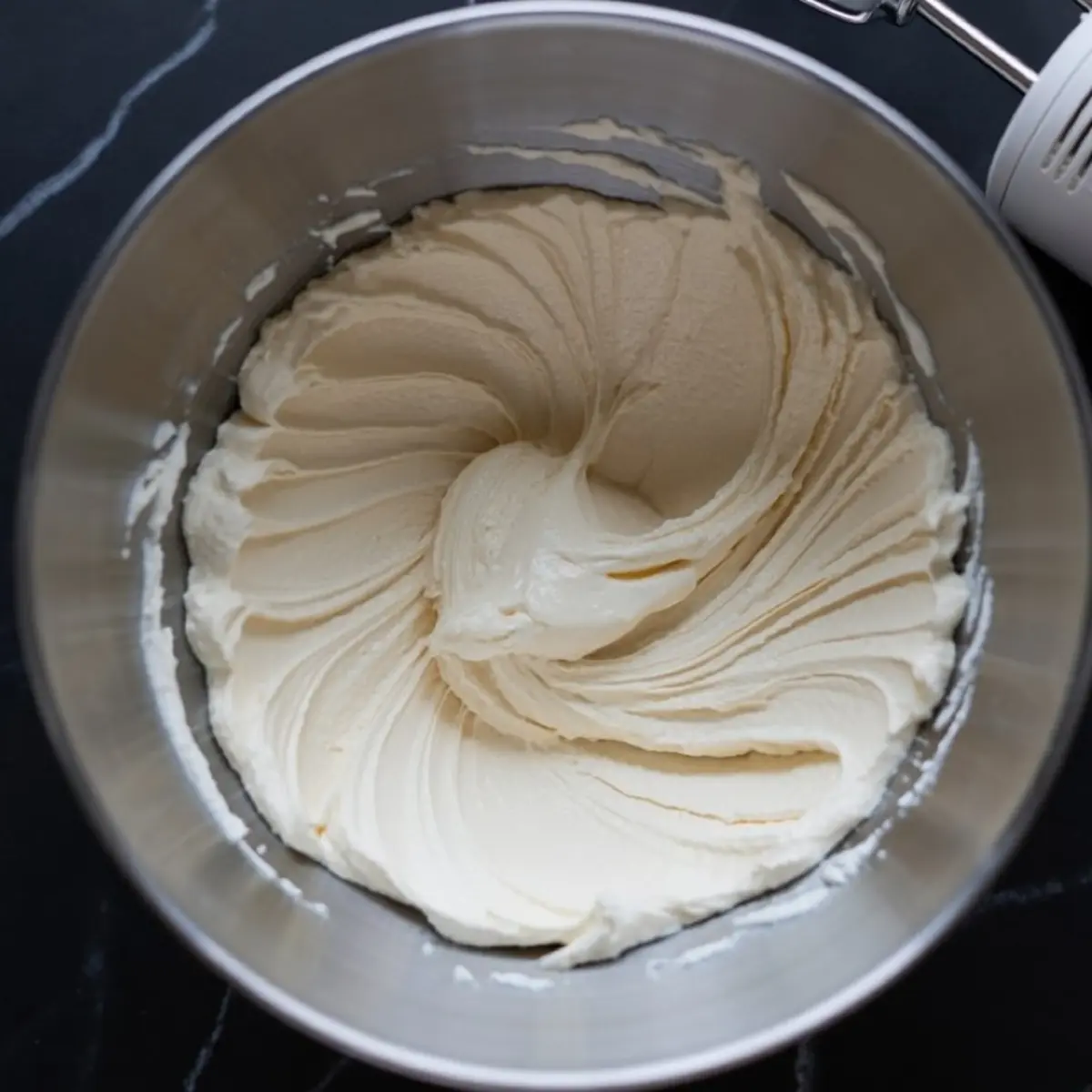 Smoothly whipped butter and sugar mixture in a metal mixing bowl, showing creamy texture and swirl pattern from electric beaters.
