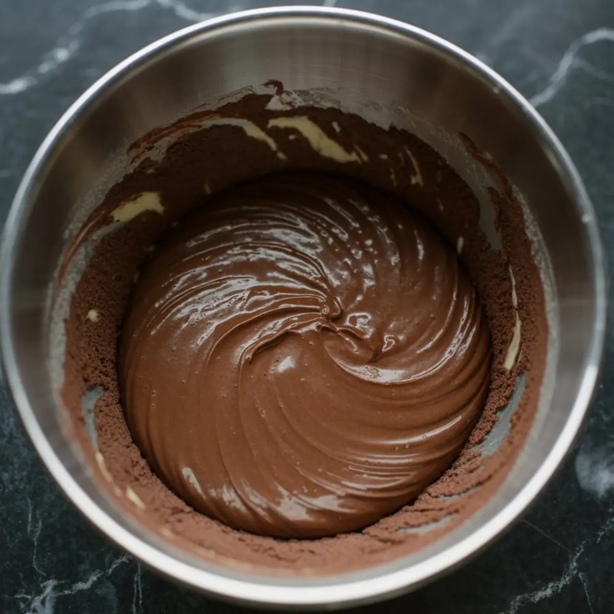Glossy chocolate cheesecake dip mixture in a metal mixing bowl with unsweetened cocoa powder dusted along the edges.
