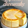 Light and fluffy Japanese cheesecake topped with powdered sugar, sliced and served in a white ceramic dish, with the text “Japanese cheesecake” overlaid above the cake.