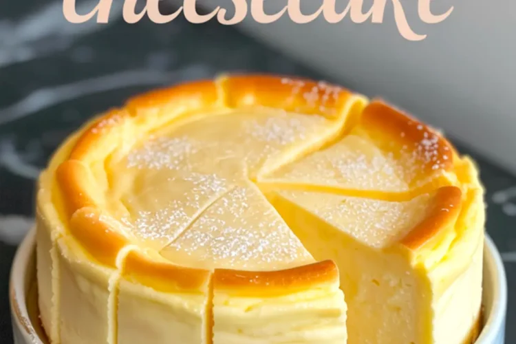 Light and fluffy Japanese cheesecake topped with powdered sugar, sliced and served in a white ceramic dish, with the text “Japanese cheesecake” overlaid above the cake.