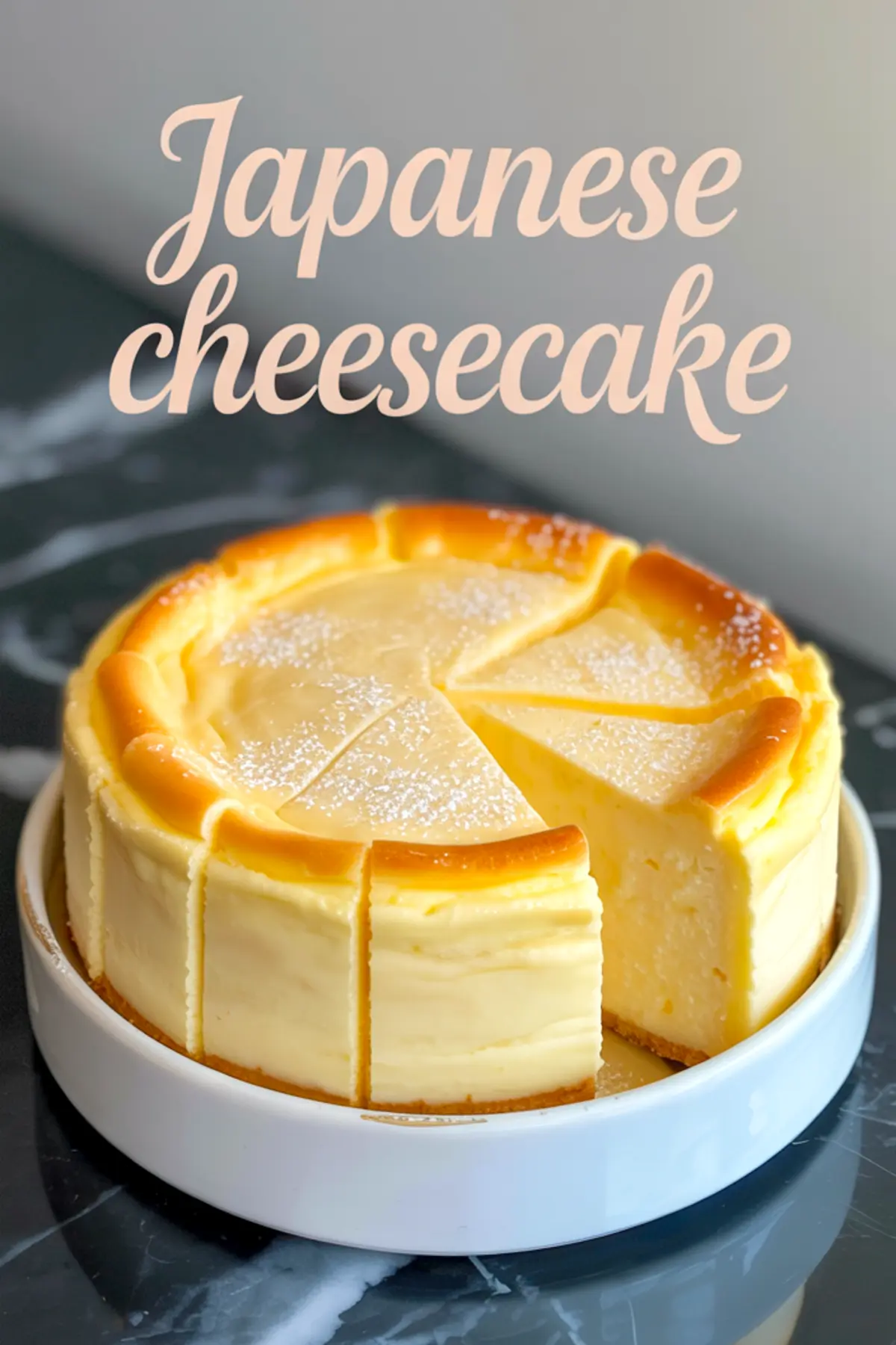 Light and fluffy Japanese cheesecake topped with powdered sugar, sliced and served in a white ceramic dish, with the text “Japanese cheesecake” overlaid above the cake.