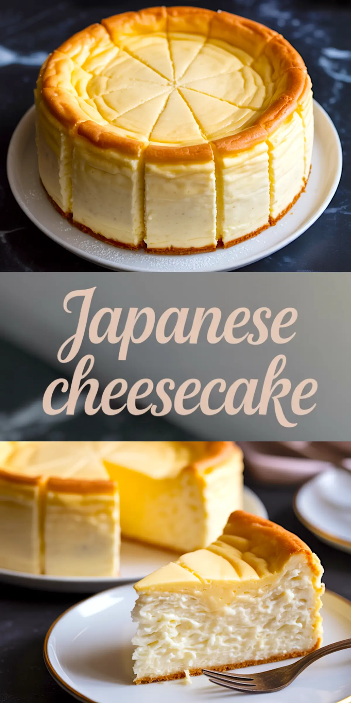 Light and fluffy Japanese cheesecake topped with powdered sugar, sliced and served in a white ceramic dish, with the text “Japanese cheesecake” overlaid above the cake.