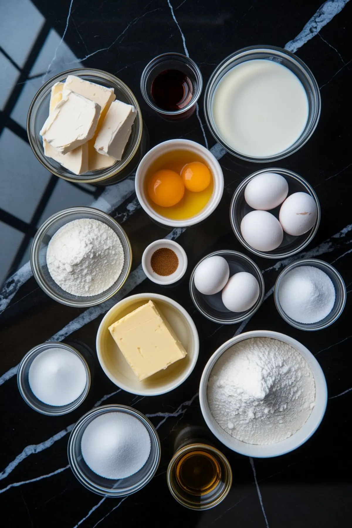Glass bowls filled with ingredients for Japanese cheesecake on a black marble surface, including cream cheese, butter, flour, sugar, milk, eggs, vanilla extract, and cream of tartar.