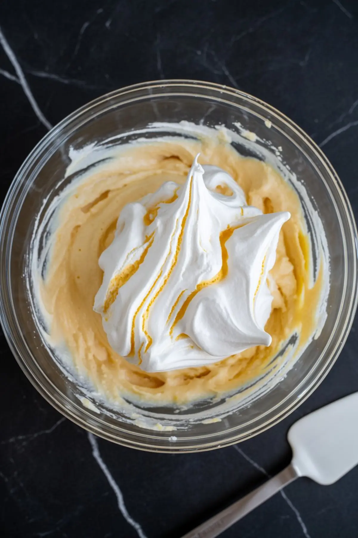 Glass mixing bowl with thick yellow cheesecake batter and a large dollop of whipped egg whites on top, ready to be folded in with a white spatula beside the bowl.