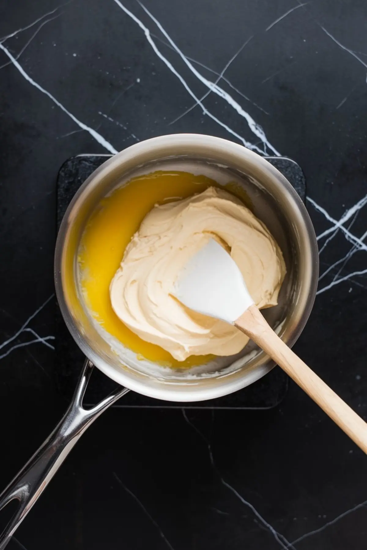 Metal saucepan on a black stovetop containing partially mixed cheesecake batter and melted butter, with a white spatula blending the ingredients.