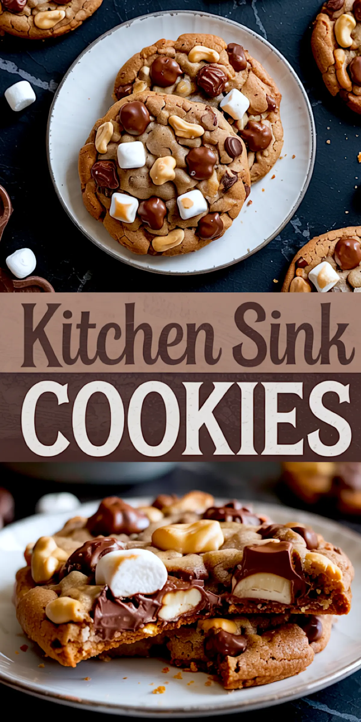 Collage image of kitchen sink cookies on a plate with gooey marshmallows, chunky chocolate, and cashews, text label in the center, and a close-up of a soft, broken cookie revealing melted chocolate and nuts.