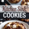 Collage featuring whole and bitten kitchen sink cookies packed with chocolate chunks, marshmallows, and peanuts, with bold “Kitchen Sink Cookies” text overlay in the center.