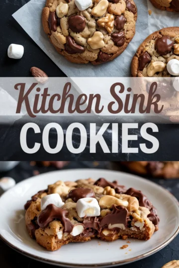 Collage featuring whole and bitten kitchen sink cookies packed with chocolate chunks, marshmallows, and peanuts, with bold “Kitchen Sink Cookies” text overlay in the center.