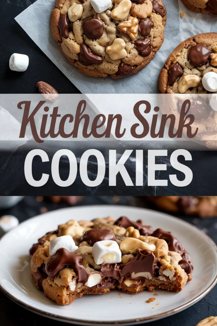 Collage featuring whole and bitten kitchen sink cookies packed with chocolate chunks, marshmallows, and peanuts, with bold “Kitchen Sink Cookies” text overlay in the center.