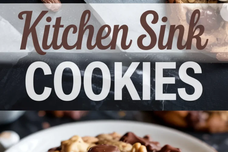Collage featuring whole and bitten kitchen sink cookies packed with chocolate chunks, marshmallows, and peanuts, with bold “Kitchen Sink Cookies” text overlay in the center.