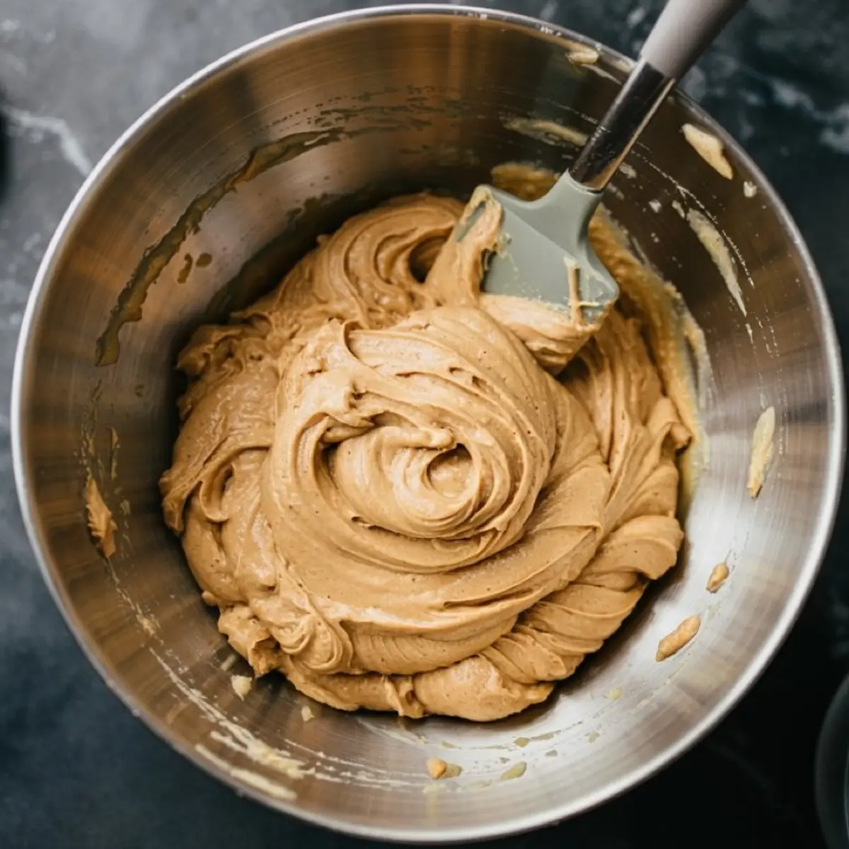 Smooth and fluffy cookie dough without mix-ins in a stainless steel bowl, ready for baking or adding ingredients.