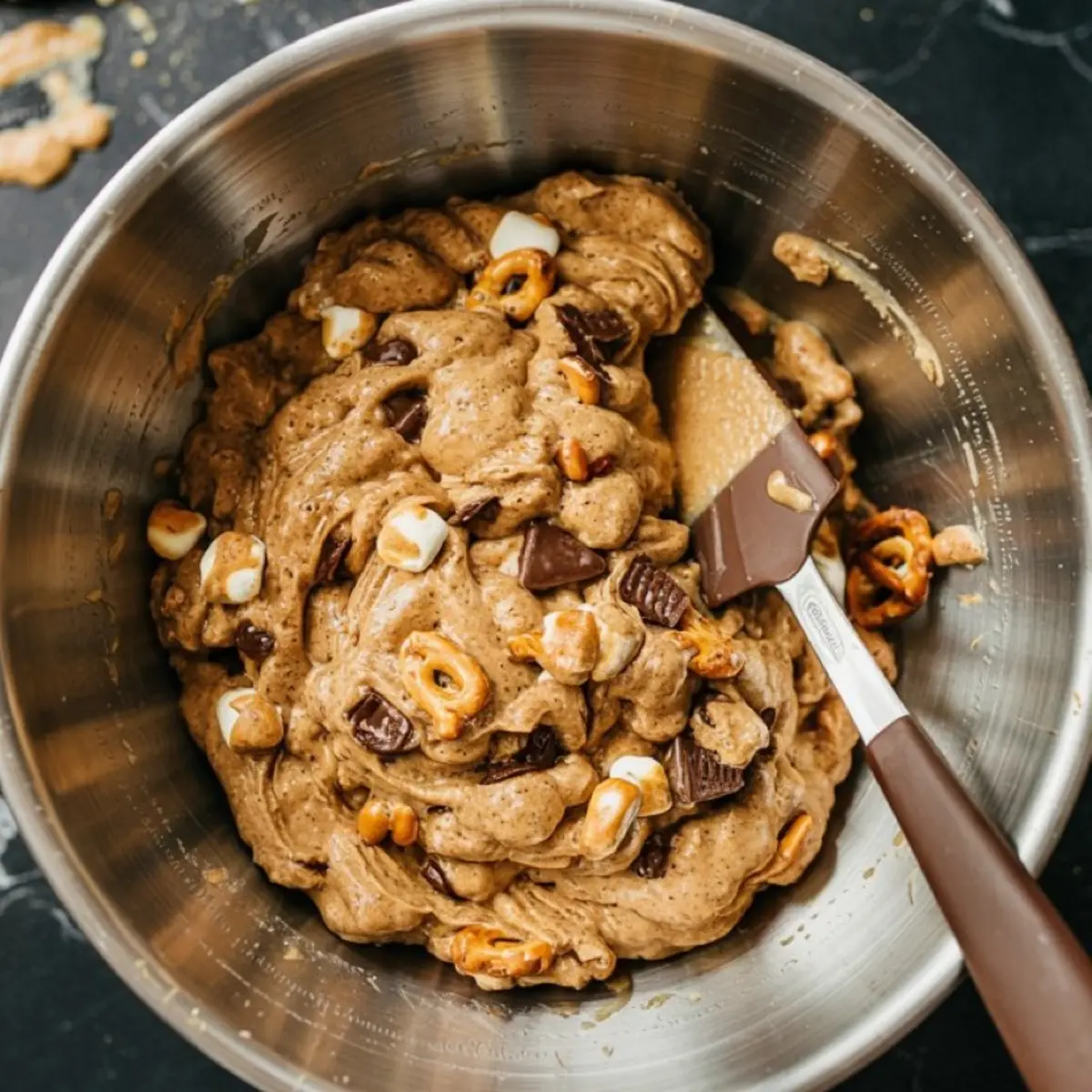 Thick cookie dough mixed with pretzels, marshmallows, and chocolate chunks in a stainless steel mixing bowl, with a spatula partially covered in batter.