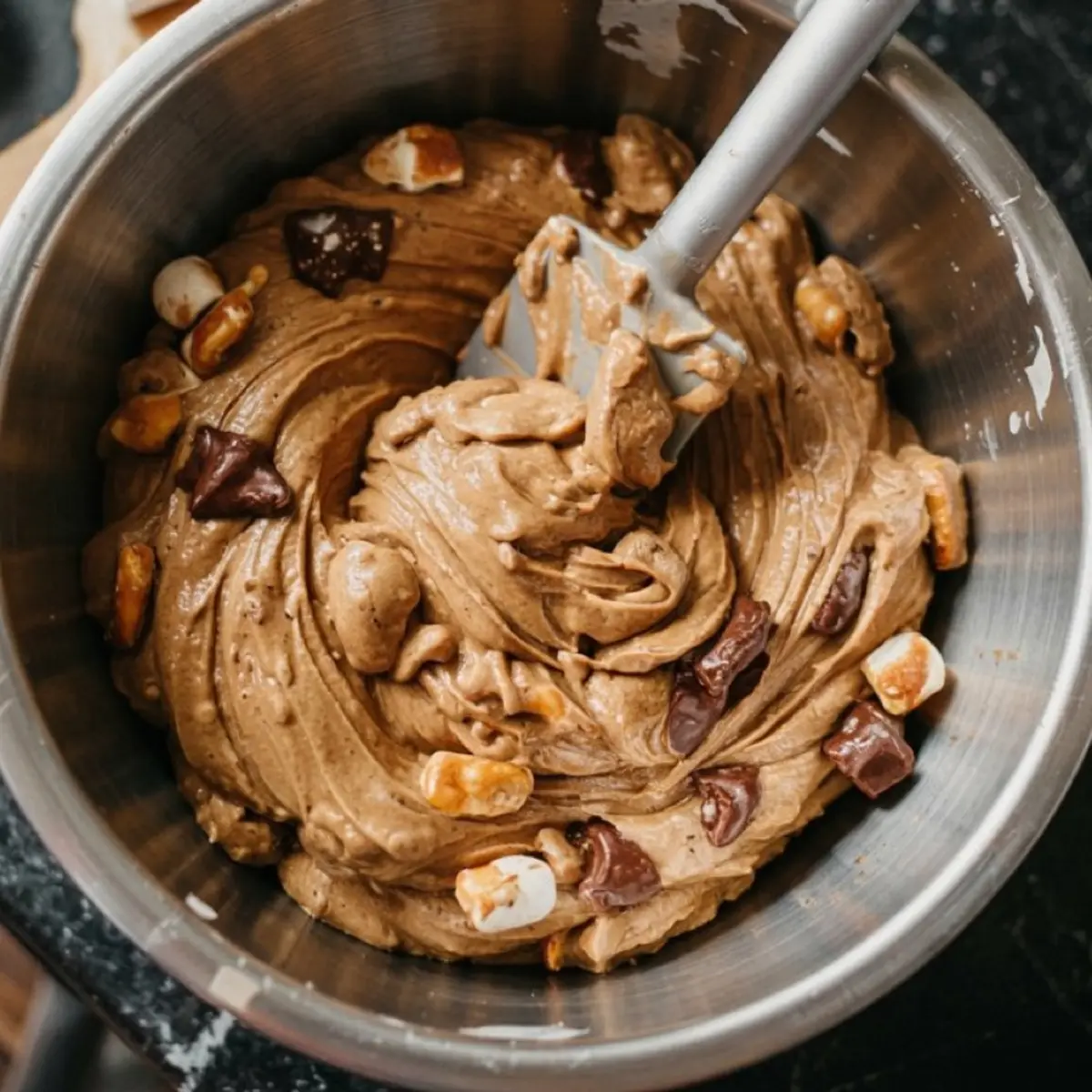 Creamy cookie dough swirled with marshmallows, chocolate pieces, and pretzel bits in a metal bowl, being stirred with a grey-handled spatula.