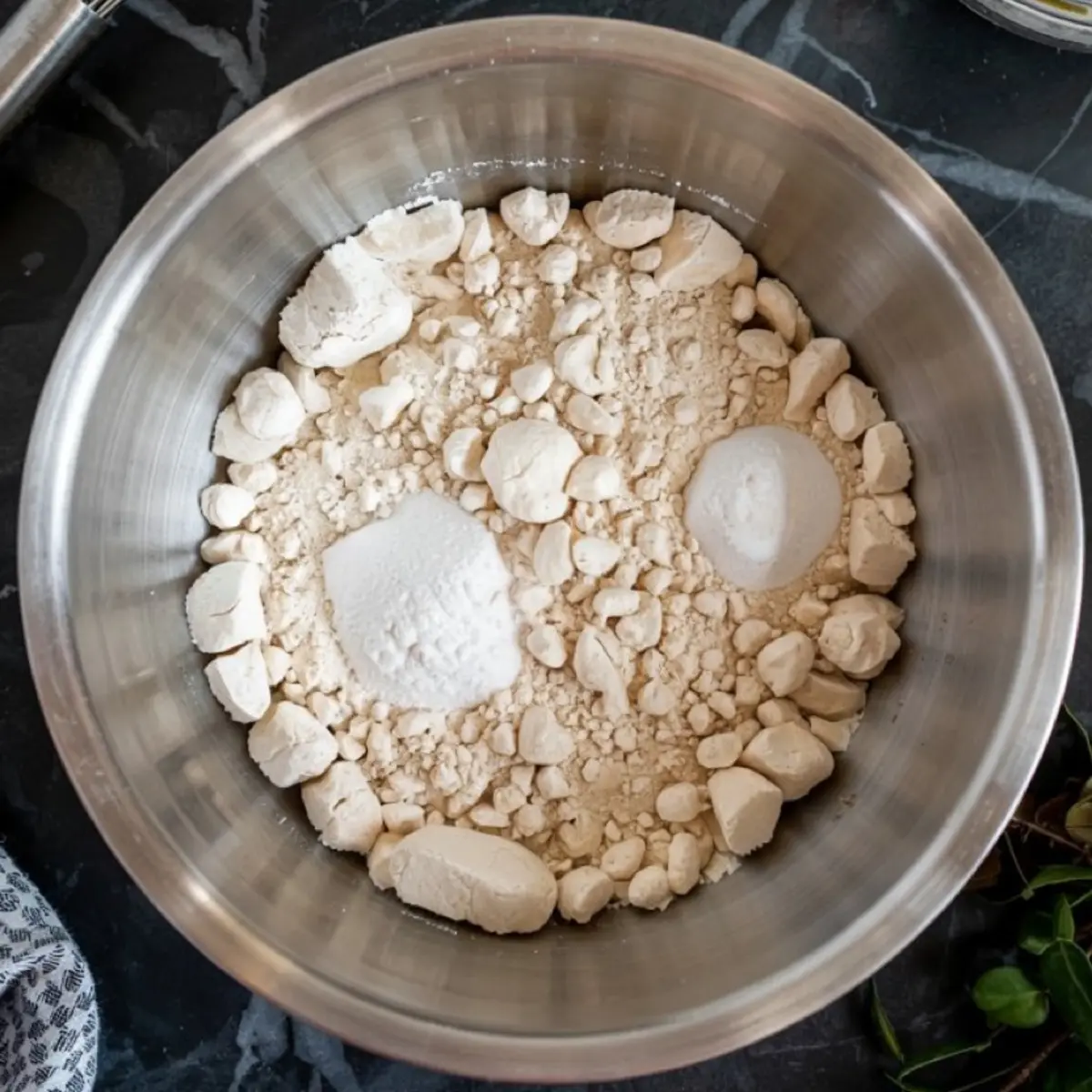 Dry baking ingredients including flour, baking soda, and baking powder in a metal mixing bowl, ready to be sifted or combined.