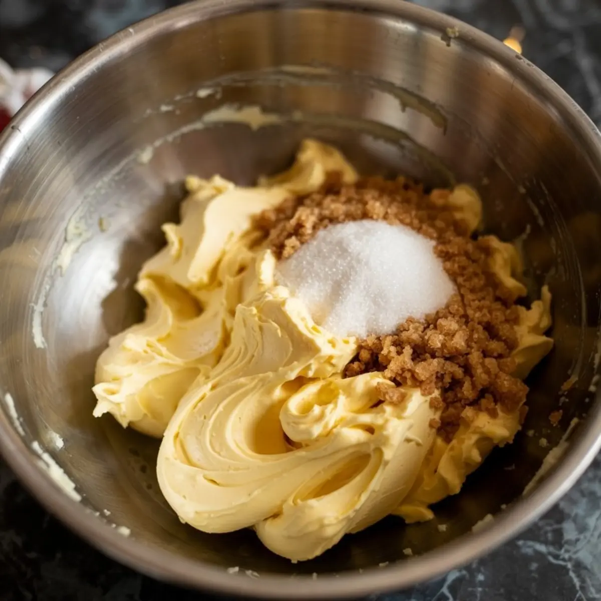 Creamed butter, brown sugar, and white granulated sugar in a mixing bowl, showcasing the early stage of cookie dough preparation.