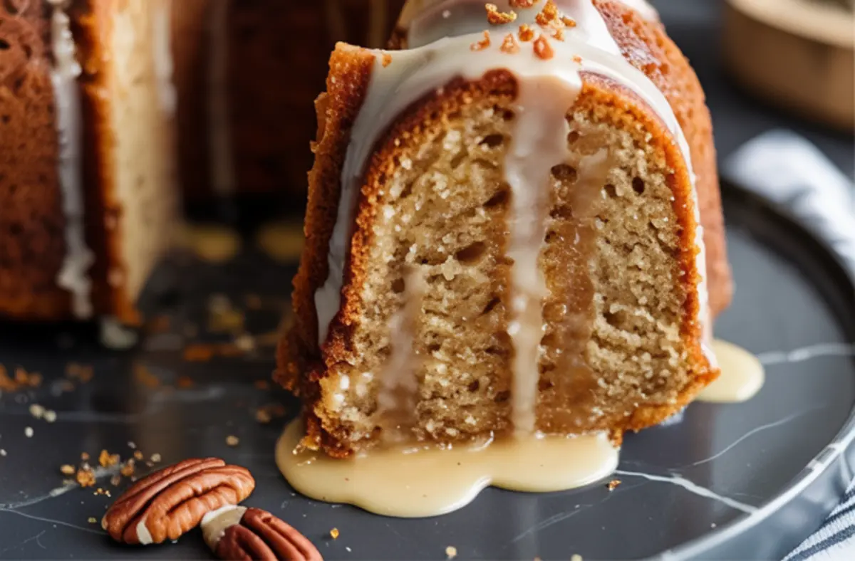 Close-up of a moist maple bundt cake slice with glossy maple glaze dripping down the middle, garnished with pecans and brown sugar crumbs.