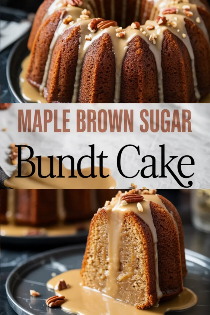 Collage of maple brown sugar bundt cake showcasing the whole glazed cake topped with pecans and a close-up of a sliced piece dripping in maple glaze, with text overlay “Maple Brown Sugar Bundt Cake” in bold typography.