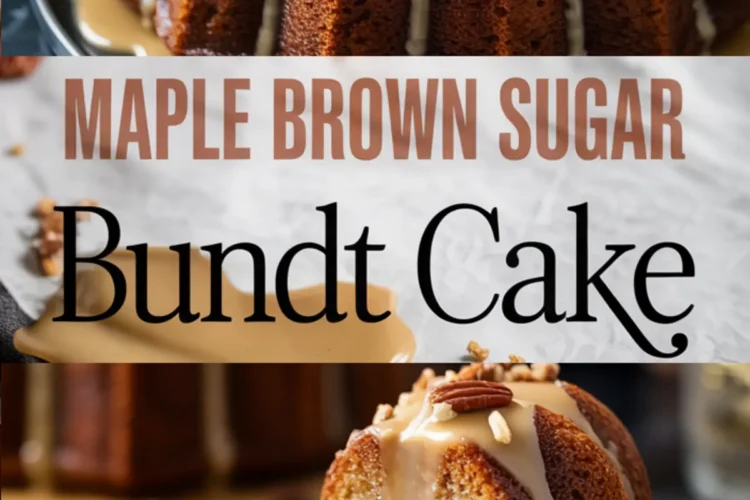 Collage of maple brown sugar bundt cake showcasing the whole glazed cake topped with pecans and a close-up of a sliced piece dripping in maple glaze, with text overlay “Maple Brown Sugar Bundt Cake” in bold typography.