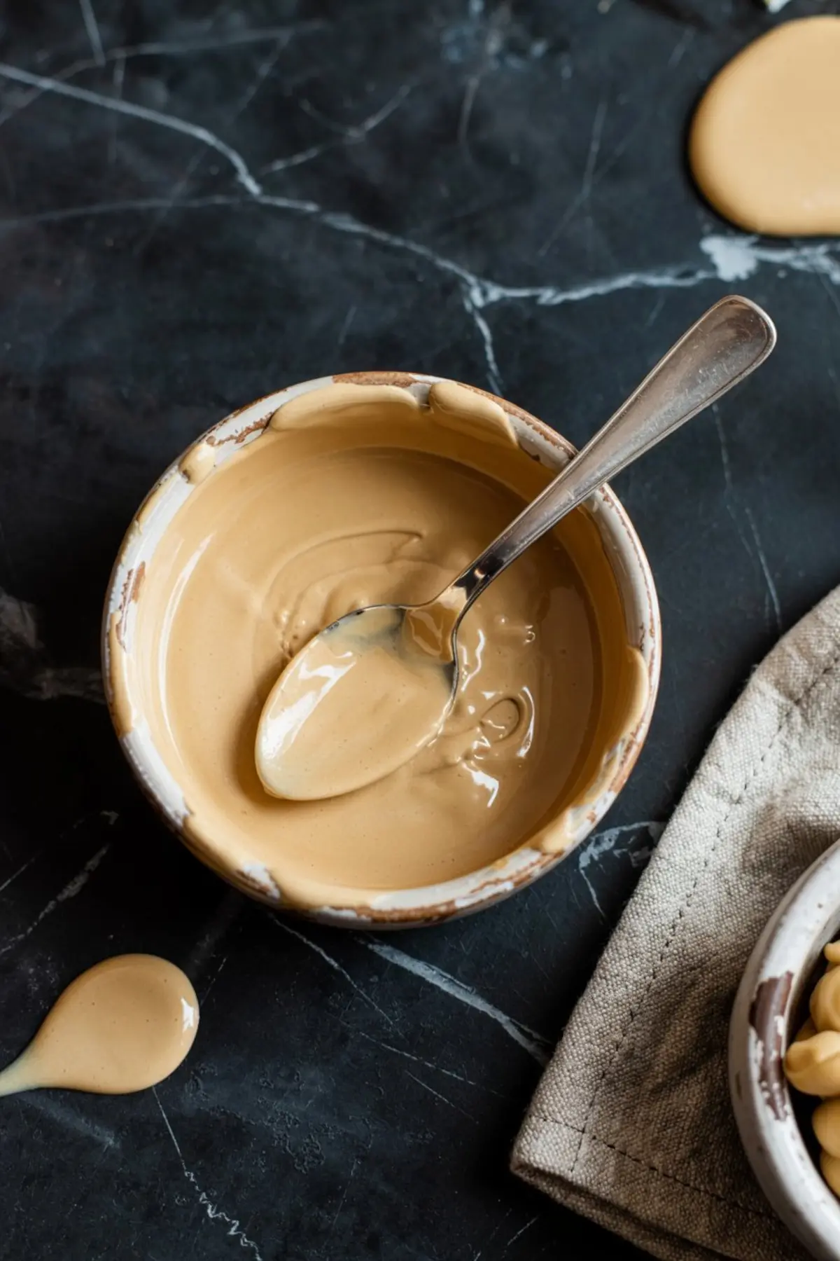 Creamy maple glaze in a rustic ceramic bowl with a spoon, showing its silky texture, surrounded by glaze drips and pecans on a dark marble surface.