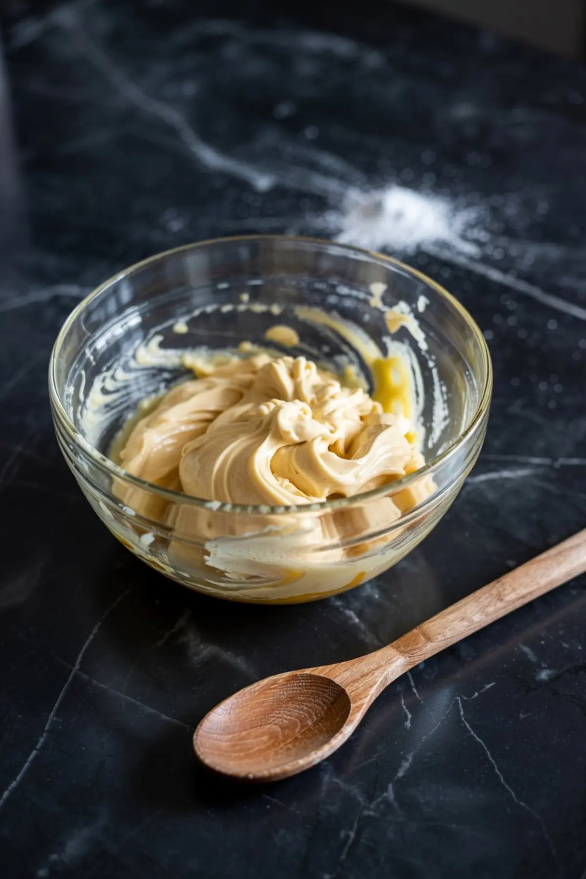 Whipped maple-flavored butter in a clear glass mixing bowl with swirls of light golden texture, placed beside a wooden spoon on a black marble counter.